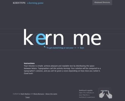Screenshot der Homepage zum Kerntype Kerning-Test (Typografie, Schriftkomposition)