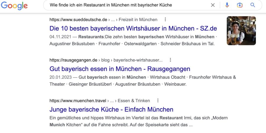 Bild zeigt Ergebnisliste einer Google-Suche nach Münchener Wirtshäusern.